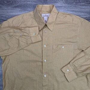Ermenegildo Zegna Shirt Mens Large Gold Italy Pocket Check Textured Button Up